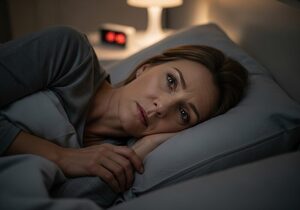 A middle-aged woman lying awake in bed at night, unable to sleep.