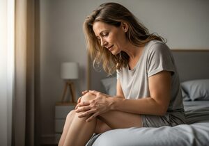 A woman sitting on the edge of her bed in the morning, holding her sore knee.