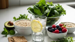 Glass of water with fresh high-fiber foods like berries, oats, and greens on a kitchen counter.