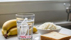 Glass of water with electrolyte drink and easy-to-digest foods like bananas, rice, and toast on a bright kitchen counter.