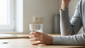 Person holding a glass of water at a bright kitchen counter, easing a mild headache.
