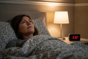A woman lying awake in bed at night, unable to sleep after starting Mounjaro treatment.