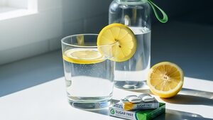 Glass of water with lemon beside sugar-free gum and a water bottle on a bright counter.