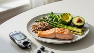 Glucose meter beside a plate of balanced food with lean protein and vegetables on a bright kitchen table.