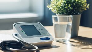 Home blood pressure monitor with cuff beside a glass of water and a small plant on a bright table.