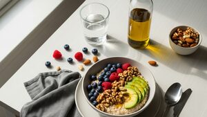 Heart-healthy meal with oatmeal, berries, avocado, and nuts on a bright kitchen table.