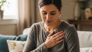 Person resting a hand on the upper chest, suggesting heartburn discomfort during semaglutide treatment.