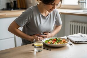A woman at a kitchen table with a light meal and a glass of water, holding her stomach due to bloating.