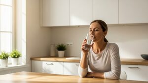 A woman drinking a glass of water to relieve dry mouth while taking semaglutide.