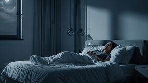 A person lying awake in bed at night, unable to sleep while taking semaglutide.