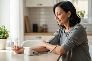 A woman at a kitchen table checking her blood pressure with a digital arm cuff monitor.