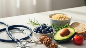 Fresh healthy food and a stethoscope representing heart health while taking semaglutide.